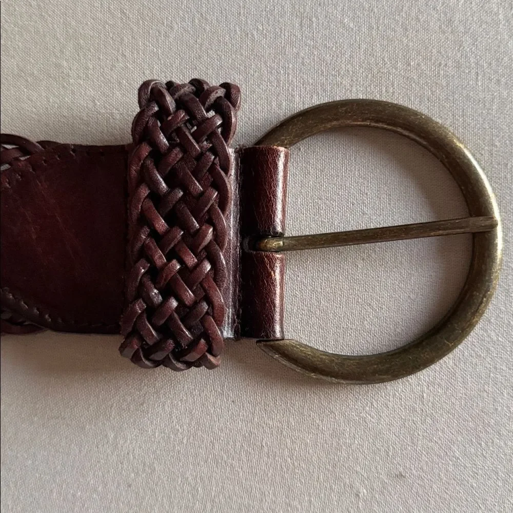 Vintage Ann Taylor LOFT Woven Leather Belt Brown Size L Boho Brass Buckle
